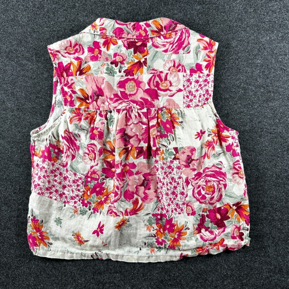 Haute Hippie Women Boho Floral 100% Linen Button-Up Blouse SL Collared Med Pink - Picture 2 of 7